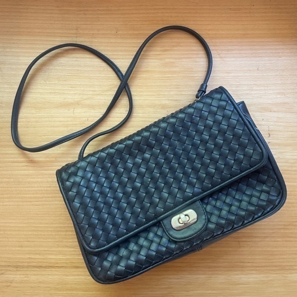 Vintage Jennifer‎ Moore Faux Leather Woven Crossbody Bag, Navy